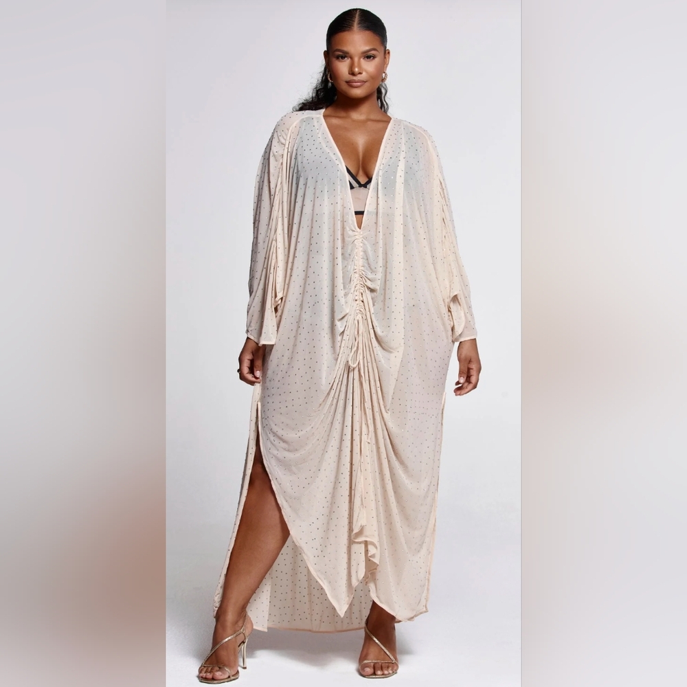 All Over Rhinestone Nude Mesh Katana 2X Caftan Cover Up - Picture 12 of 12